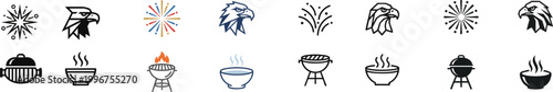 Four minimalist icons: fireworks, an eagle head, a grill, and a steaming bowl. Vector isolated on white