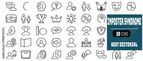 A collection of line art icons representing psychological concepts and social issues like imposter syndrome.