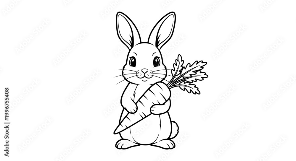 Obraz premium Cute bunny holding a large carrot coloring page illustration
