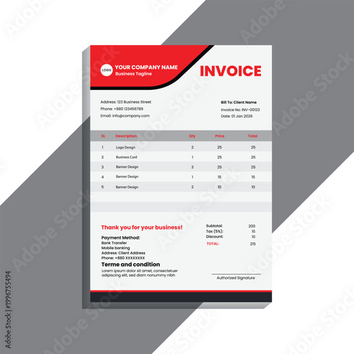 A modern and professional invoice template design featuring a clean layout, minimal typography, and corporate branding style. This design is ideal for businesses, freelancers, agencies, and startups l