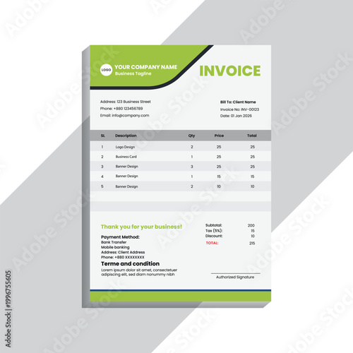 A modern and professional invoice template design featuring a clean layout, minimal typography, and corporate branding style. This design is ideal for businesses, freelancers, agencies, and startups l