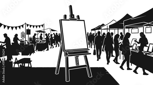 People gather around market stalls with an empty canvas on display