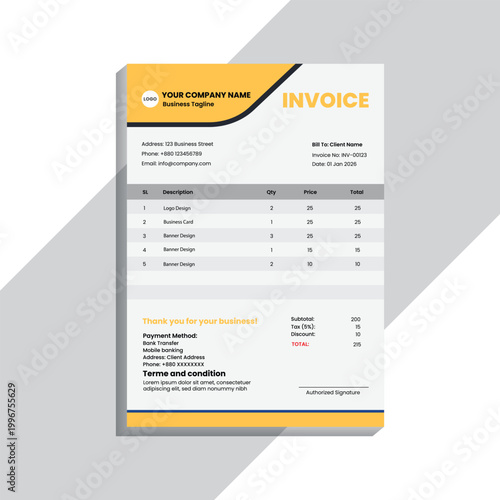 A modern and professional invoice template design featuring a clean layout, minimal typography, and corporate branding style. This design is ideal for businesses, freelancers, agencies, and startups l