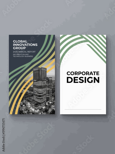 A corporate design brochure with a modern cityscape and abstract lines on a gray background