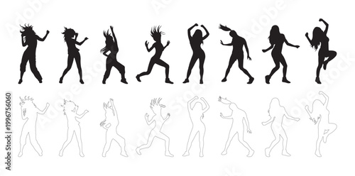 Zumba dance Vector bundle, Baby Penguin Clipart, Silhouette, Vector, icons, illustration, design. Silhouette collection of slim female doing energetic dance pose, vector illustration.