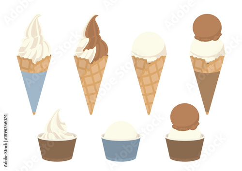 ソフトクリームとアイスクリームのセット コーンとカップのシンプルなベクターイラスト素材