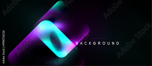 Abstract design features vibrant purple, turquoise layers over black background. Modern aesthetic, dynamic composition. Minimalist text reads BACKGROUND.