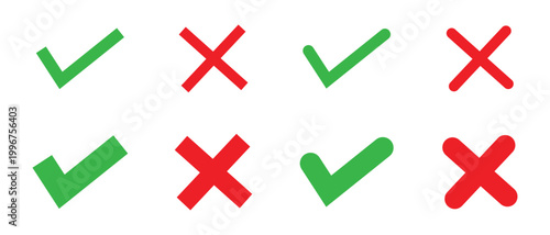 Green tick mark and red cross sign in circle icons for correct and incorrect answers, yes and no buttons tick and cross icons. Vector illustration.
