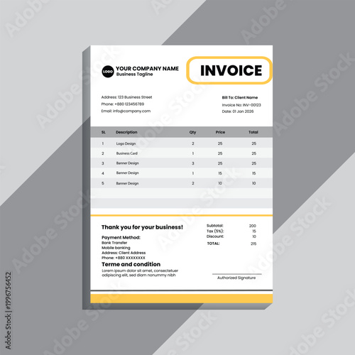 A modern and professional invoice template design featuring a clean layout, minimal typography, and corporate branding style. This design is ideal for businesses, freelancers, agencies, and startups l