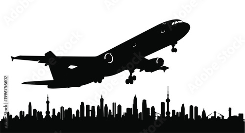 Airplane flying over city skyline silhouette at sunset, urban travel and transportation concept