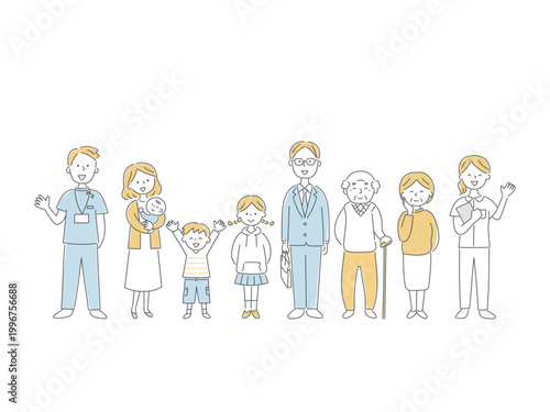 笑顔の三世代家族と看護師のイラスト単色