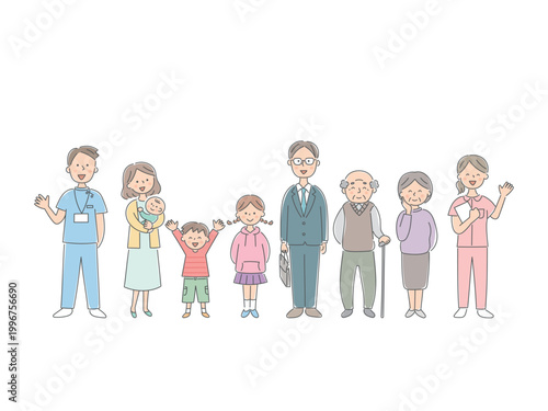 笑顔の三世代家族と看護師のイラスト