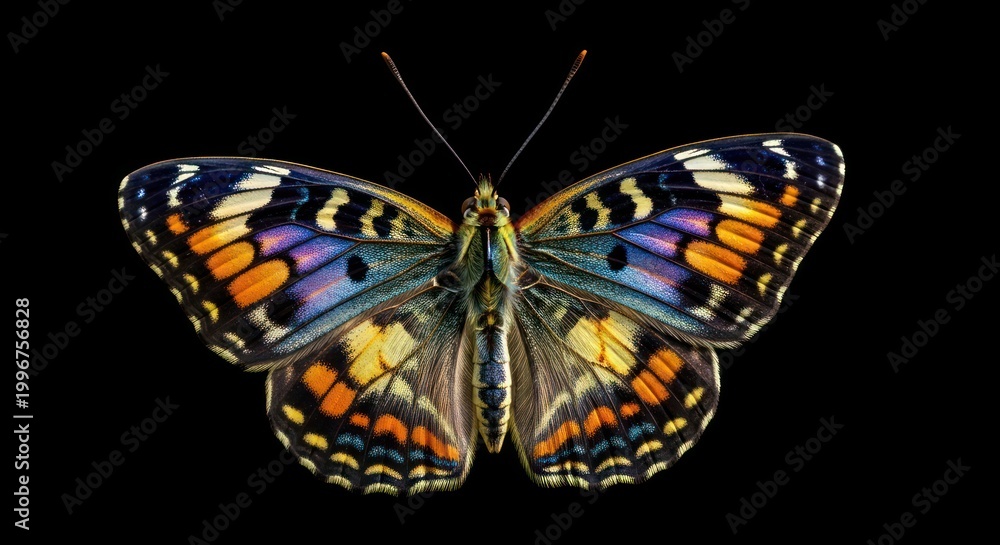 Obraz premium Colorful Butterfly with Intricate Wing Patterns on Black Background.