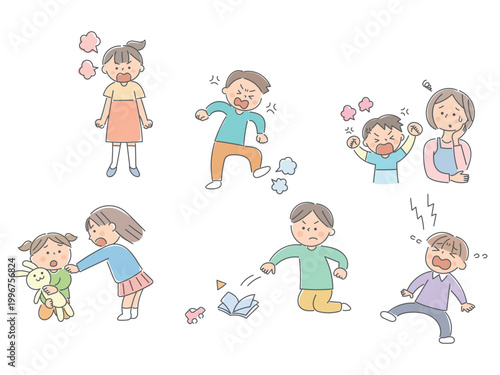 子供のストレスと困りごと 表情と行動のイラストセット