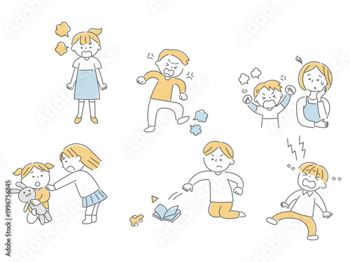 子供のストレスと困りごと 表情と行動のイラストセット単色
