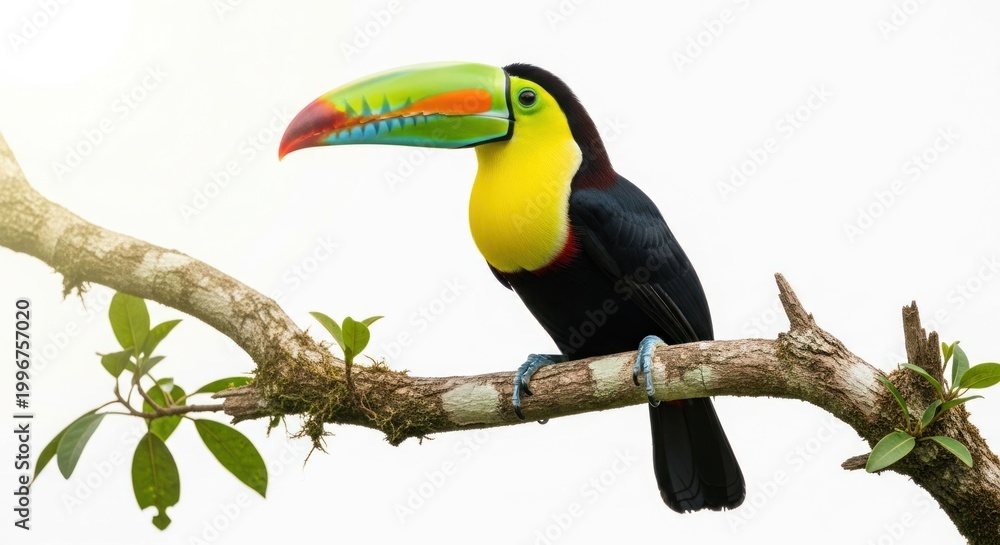 Fototapeta premium Colorful KeelBilled Toucan Perched on a Branch Against White Background.