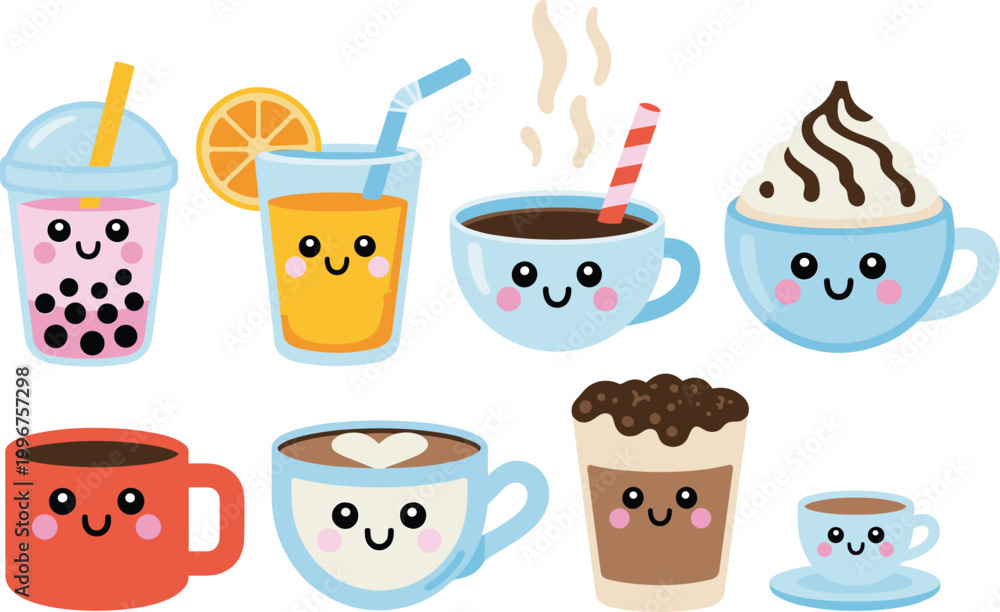 Fototapeta premium Cute drinks collection, coffee tea juice bubble tea, kawaii beverage cartoon vector illustration set