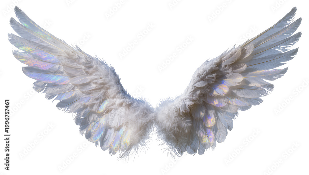 Fototapeta premium Pair of iridescent white feathered angel wings, isolated on transparent background