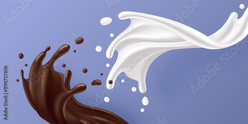 Creamy milk splash with hot chocolate swirl, dynamic white and brown waves, vector illustration isolated on background. Dairy shake drink, coffee or dessert beverage designs, motion effect