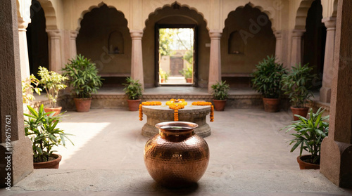 Copper water pot in serene Indian Ashram courtyard with arches and plants, spiritual yoga center, Ayurveda wellness, hydration ritual, traditional lifestyle, meditation and holistic living