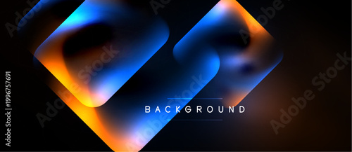 Abstract fluid shapes overlap, creating vibrant orange, blue gradients. Dark background emphasizes flowing forms, modern design element.