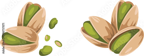 Pistachio nuts illustration, cracked shells and kernels, healthy snack food vector set
