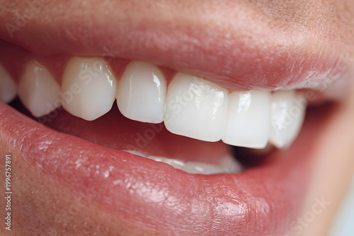 男性の白く健康的な歯のクローズアップ（審美歯科・ホワイトニング）｜Close-up of healthy white teeth of a Japanese man