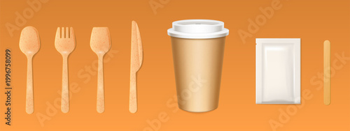 Realistic 3D plastic cup with disposable cutlery, beige takeaway mug with cap, fork, spoon, knife and wood stir stick, vector illustrations isolated on background for cafe and fast food mockup design