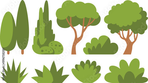 Set of various green trees and garden shrubs