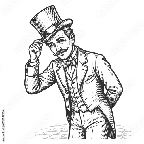 polite Victorian gentleman tipping his top hat while holding a cane, expressing greeting, etiquette, and classic elegance sketch engraving generative ai vector illustration. Black and white.