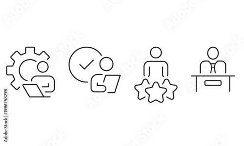 Business icons set gears checklists people and workspace silhouette