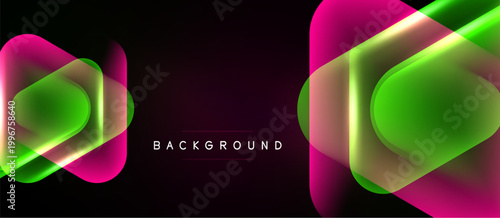 Abstract neon shapes overlap, creating vibrant gradients. Dark background emphasizes glowing pink, green hues. Modern design element.