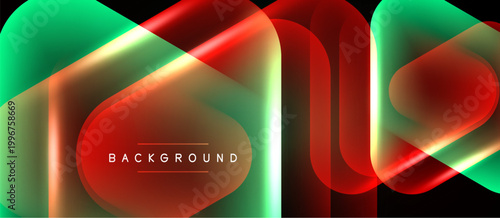 Abstract shapes overlap, creating vibrant gradients. Red, green hues dominate dark background. Text reads BACKGROUND. Modern design element.