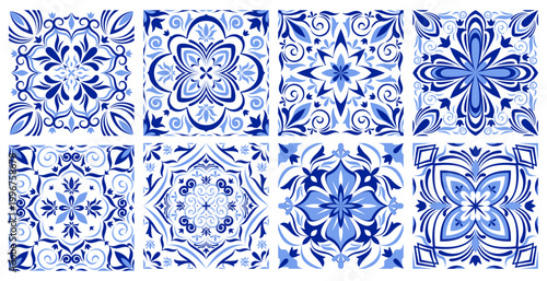 Greek mosaic tile pattern with traditional italian, spanish ornament, abstract vector borders on white background. Blue geometric design, floor or wall portuguese azulejo style, vintage floral motif