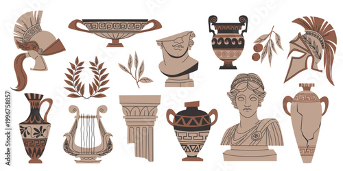 Ancient Greek elements, amphora with traditional patterns and classic statue or bust silhouette, cartoon vector set isolated on white. Elegant vase illustration, Grecian pottery, cultural symbols