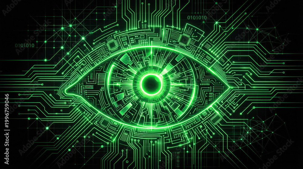 Obraz premium A futuristic green eye glows on a circuit board with technology and science elements.