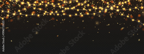 Glowing Christmas fairy light garland with golden bulbs, blurred confetti on transparent background. Vector frame illustration of festive string lights for holiday cards, party border decorations