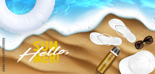Sandy beach banner with sunscreen, sunglasses, flip flops, white cap and inflatable ring on summer sea shore, 3d realistic vector background, top view. Tropical product display for cosmetic ads