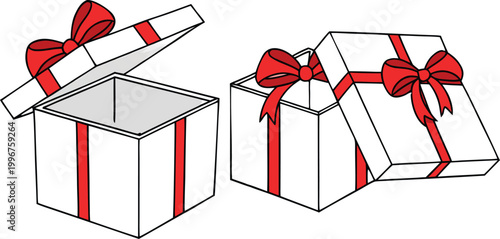 Vector illustration set of two open gift boxes with red ribbons and bows