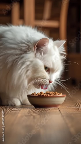Fluffy White Cat Eating Dry Food From a Bowl on Wooden Floor