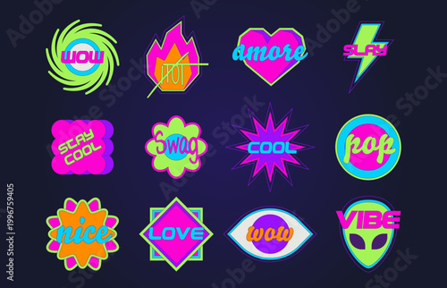 Cute y2k sticker collection with retro pop art vibes. Vector set of cool acid color star, fire, eye and lightning bolt shape icons with text, groovy 90s geometric patches for creative nostalgic design