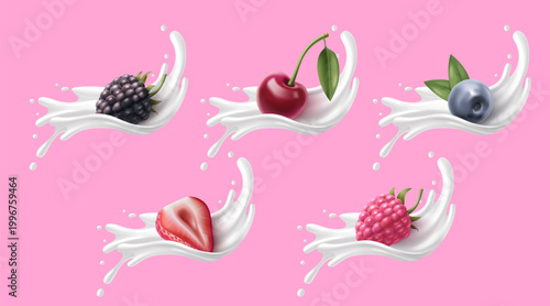 Milk splash set with 3D berries isolated on pink background. Vector realistic illustration of fresh sweet red strawberry, cherry, blue and black ripe fruits, white yogurt splatter, dairy pack design
