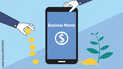 Vector illustration business money concept with smartphone, coins and plant, digital finance and investment growth illustration