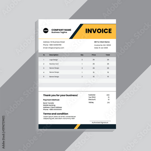 A modern and professional invoice template design featuring a clean layout, minimal typography, and corporate branding style. This design is ideal for businesses, freelancers, agencies, and startups l
