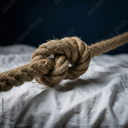 Closeup of tight rope knot with strong tension fibers