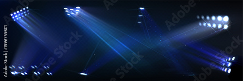 Stadium spotlight shining bright on transparent background. Vector realistic illustration of illumination system for concert stage, show, sports event, night football match, powerful light beams