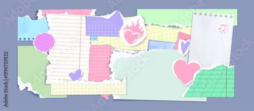 Cute scrapbook paper collage with heart signs. Vector realistic illustration of torn notebook pages, love stickers with ripped edges, blank space for message, school poster, Valentine Day crafts