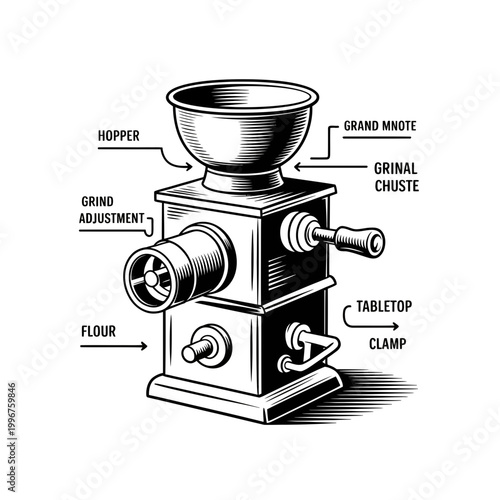 Coffee grinder machine labeled diagram with parts and components