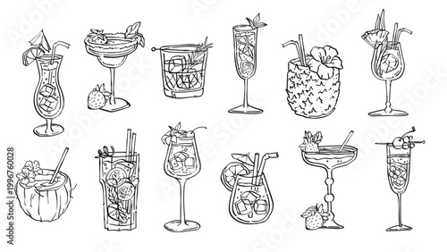 Tropical drinks collection in sketch style. Vector set of vintage cocktail illustrations with ice, lemon slices, fruit and flower decor, alcohol beverages for bar menu designs and party invitations
