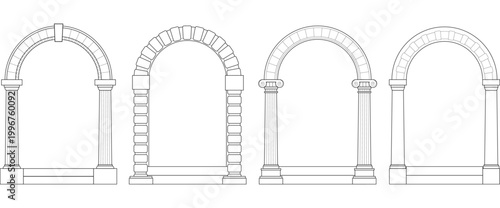 Foto Ancient Greek arch with classic pillars, vector line art illustrations isolated on white background
